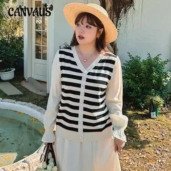 Женские топы с длинными рукавами и v-образным вырезом больших размеров, весенне-осенняя блузка, трикотаж в полоску XL чёрный