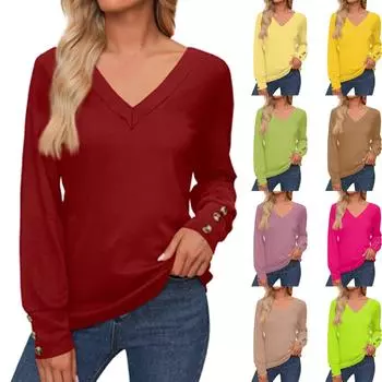 Женские топы с длинными рукавами, манжетами, застегивающимися на пуговицы, рубашка с V-образным вырезом, свободная повседневная футболка, осенняя одежда L чёрный