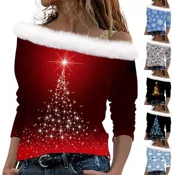 Женские топы с длинными рукавами. Модные женские свободные пуловеры с открытыми плечами с рождественским принтом. L серый