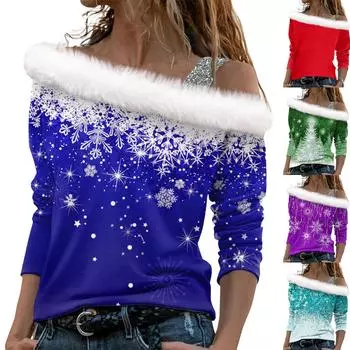 Женские топы с длинными рукавами. Модные женские свободные пуловеры с открытыми плечами с рождественским принтом. S
