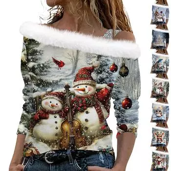 Женские топы с длинными рукавами. Модные женские свободные пуловеры с открытыми плечами с рождественским принтом. L