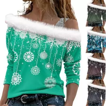 Женские топы с длинными рукавами. Модные женские свободные пуловеры с открытыми плечами с рождественским принтом. L