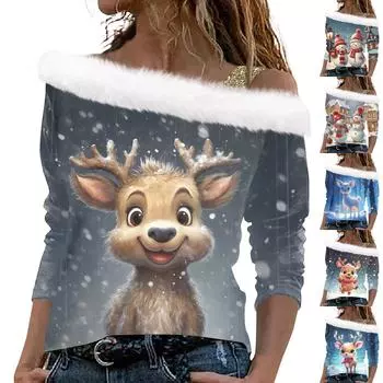 Женские топы с длинными рукавами. Модные женские свободные пуловеры с открытыми плечами с рождественским принтом. L