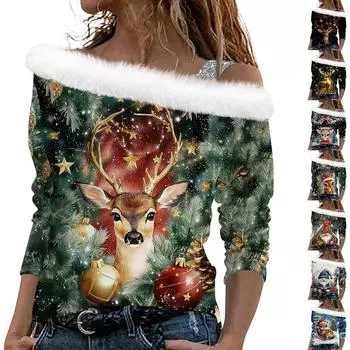 Женские топы с длинными рукавами. Модные женские свободные пуловеры с открытыми плечами с рождественским принтом. L чёрный