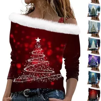 Женские топы с длинными рукавами. Модные женские свободные пуловеры с открытыми плечами с рождественским принтом. L синий