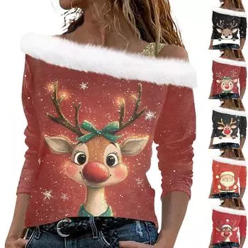 Женские топы с длинными рукавами. Модные женские свободные пуловеры с открытыми плечами с рождественским принтом. XL красный