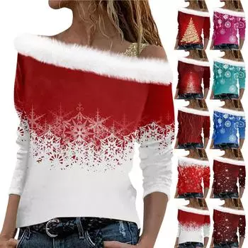 Женские топы с длинными рукавами. Модные женские свободные пуловеры с открытыми плечами с рождественским принтом. XXL