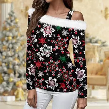 Женские топы с длинными рукавами. Модные женские свободные пуловеры с открытыми плечами с рождественским принтом. S зелёный