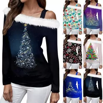 Женские топы с длинными рукавами. Модные женские свободные пуловеры с открытыми плечами с рождественским принтом. S зелёный