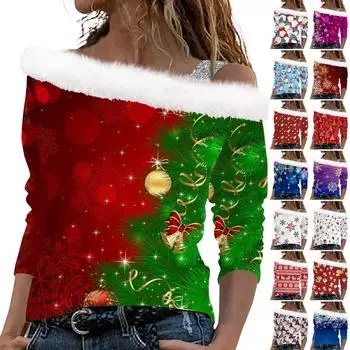 Женские топы с длинными рукавами. Модные женские свободные пуловеры с открытыми плечами с рождественским принтом. M