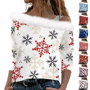 Женские топы с длинными рукавами. Модные женские свободные пуловеры с открытыми плечами с рождественским принтом. M бежевый