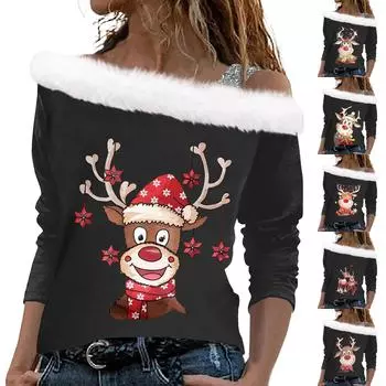 Женские топы с длинными рукавами. Модные женские свободные пуловеры с открытыми плечами с рождественским принтом. L белый