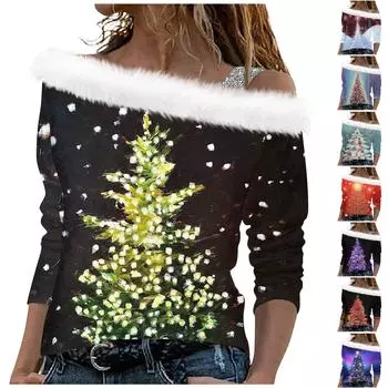 Женские топы с длинными рукавами. Модные женские свободные пуловеры с открытыми плечами с рождественским принтом. S