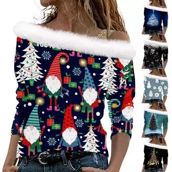 Женские топы с длинными рукавами. Модные женские свободные пуловеры с открытыми плечами с рождественским принтом. M серый