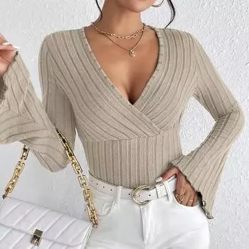 Женские топы с длинными рукавами на осень и зиму, V-образный вырез, сексуальные облегающие женские топы в полоску, футболка с длинными рукавами, трикотажная нижняя рубашка XS чёрный