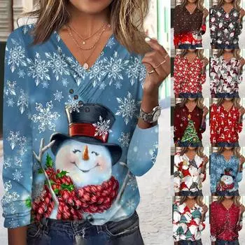 Женские топы с длинными рукавами, осенние блузки с v-образным вырезом и длинными рукавами, свободный крой на пуговицах, повседневные футболки с рождественским принтом и принтами XL