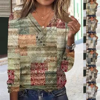 Женские топы с длинными рукавами, осенние блузки с v-образным вырезом и длинными рукавами, свободный крой, повседневные футболки с принтами на пуговицах XXL