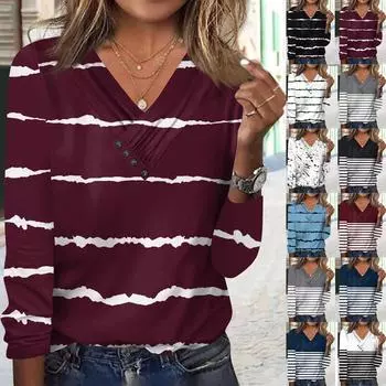 Женские топы с длинными рукавами, осенние блузки с v-образным вырезом и длинными рукавами, свободный крой, повседневные футболки с принтами на пуговицах L чёрный