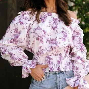 Женские топы с длинными рукавами, повседневная свободная одежда, рубашка с открытыми плечами и вырезом на шее, осенняя милая блузка с цветочным принтом, Blusas 29596 S светло-фиолетовый