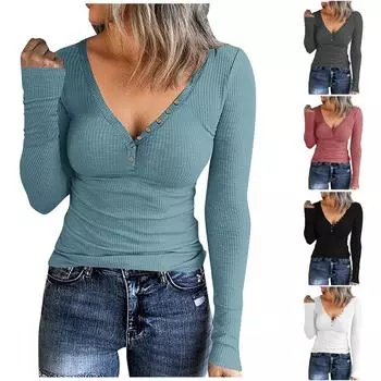 Женские топы с длинными рукавами, повседневные рубашки, блузки на пуговицах, базовые трикотажные футболки в рубчик L чёрный