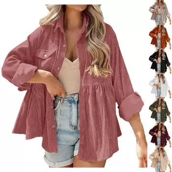 Женские топы с длинными рукавами, повседневные рубашки, карманы на пуговицах, базовые вельветовые футболки с рюшами, кардиган L