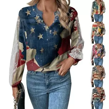 Женские топы с длинными рукавами, повседневные свободные футболки с v-образным вырезом, милые топы-туники с кружевными рукавами и принтом L темно-синий