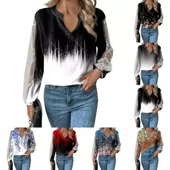 Женские топы с длинными рукавами, повседневные свободные футболки с v-образным вырезом, топы-туники с кружевными рукавами и принтом L чёрный