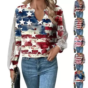 Женские топы с длинными рукавами, повседневные свободные футболки с v-образным вырезом, милые топы-туники с кружевными рукавами и принтом L синий