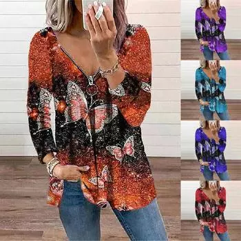 Женские топы с длинными рукавами, пуловер на молнии с v-образным вырезом, футболка с принтом бабочки, блузка One size синий