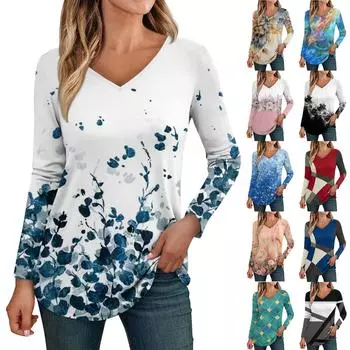 Женские топы с длинными рукавами, рубашки с v-образным вырезом, повседневные модные футболки с цветочным принтом, блузки, осенние наряды-туники, приталенные футболки M