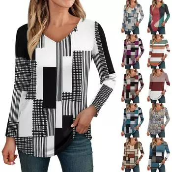 Женские топы с длинными рукавами, рубашки с v-образным вырезом, повседневные модные футболки с цветочным принтом, блузки, осенние наряды-туники, приталенные футболки XXXL тёмно-синий