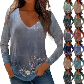 Женские топы с длинными рукавами, рубашки с v-образным вырезом, повседневные модные футболки с цветочным принтом, блузки, осенние наряды-туники, приталенные футболки L армия зеленый