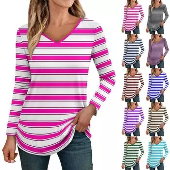 Женские топы с длинными рукавами, рубашки с v-образным вырезом, повседневные модные футболки с цветочным принтом, блузки, осенние наряды-туники, приталенные футболки M синий