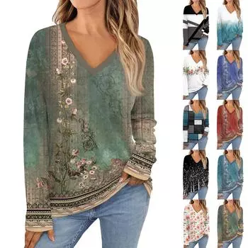 Женские топы с длинными рукавами, рубашки с v-образным вырезом, повседневные модные футболки с цветочным принтом, блузки, осенние наряды-туники, приталенные футболки XXXL