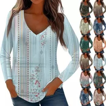 Женские топы с длинными рукавами, рубашки с v-образным вырезом, повседневные модные футболки с цветочным принтом, блузки, осенние наряды-туники, приталенные футболки XXL
