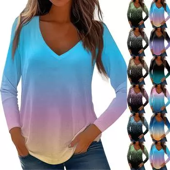 Женские топы с длинными рукавами, рубашки с v-образным вырезом, повседневные модные футболки с градиентным принтом, блузки, осенние наряды-туники, приталенные футболки XL золотой