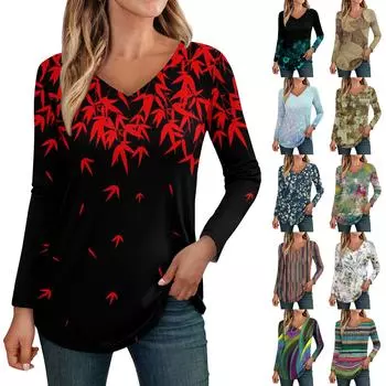 Женские топы с длинными рукавами, рубашки с v-образным вырезом, повседневные модные футболки с цветочным принтом, блузки, осенние наряды-туники, приталенные футболки L