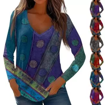 Женские топы с длинными рукавами, рубашки с v-образным вырезом, повседневные модные футболки с цветочным принтом, блузки, осенние наряды-туники, приталенные футболки L синий