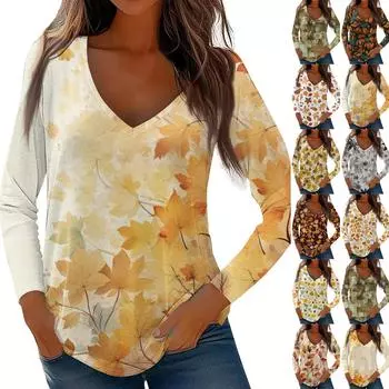 Женские топы с длинными рукавами, рубашки с v-образным вырезом, повседневные модные футболки с цветочным принтом, блузки, осенние наряды-туники, приталенные футболки M