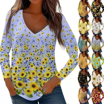 Женские топы с длинными рукавами, рубашки с v-образным вырезом, повседневные модные футболки с цветочным принтом, блузки, осенние наряды-туники, приталенные футболки XL бежевый