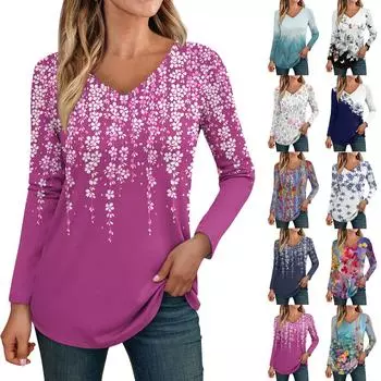 Женские топы с длинными рукавами, рубашки с v-образным вырезом, повседневные модные футболки с цветочным принтом, блузки, осенние наряды-туники, приталенные футболки L