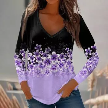 Женские топы с длинными рукавами, рубашки с v-образным вырезом, повседневные модные футболки с цветочным принтом, блузки, осенние наряды-туники, приталенные футболки XL фиолетовый