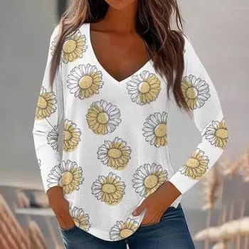 Женские топы с длинными рукавами, рубашки с v-образным вырезом, повседневные модные футболки с цветочным принтом, блузки, осенние наряды-туники, приталенные футболки M белый