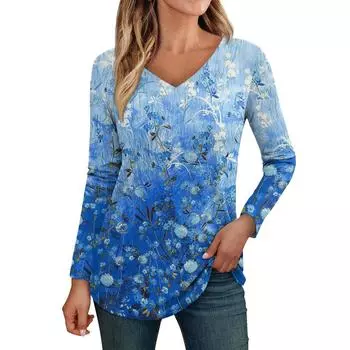 Женские топы с длинными рукавами, рубашки с v-образным вырезом, повседневные модные футболки с цветочным принтом, блузки, осенние наряды-туники, приталенные футболки S серый