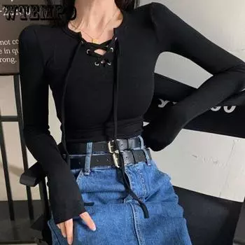 Женские топы с длинными рукавами, сексуальные облегающие летние и весенние модные однотонные топы с v-образным вырезом на шнуровке, простой длинный рукав S чёрный