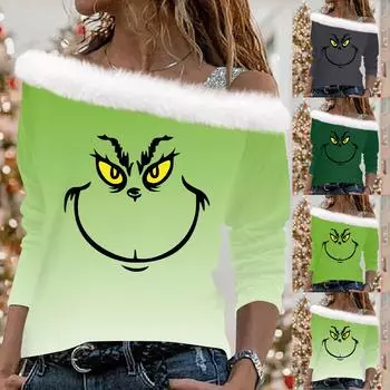 Женские топы с длинными рукавами, свободные пуловеры с рождественским принтом XXXL зелёный