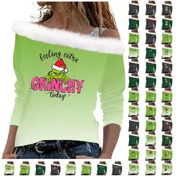 Женские топы с длинными рукавами, свободные пуловеры с рождественским принтом XXXL зелёный