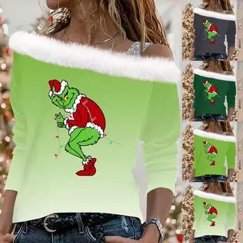 Женские топы с длинными рукавами, свободные пуловеры с рождественским принтом XXL зелёный