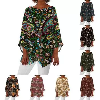 Женские топы с геометрическим принтом и длинными рукавами, дышащая рубашка с круглым вырезом XXL