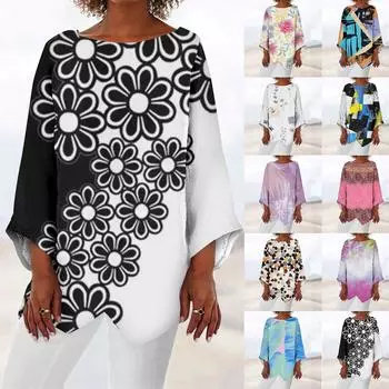 Женские топы с геометрическим принтом и длинными рукавами, дышащая рубашка с V-образным вырезом S циан